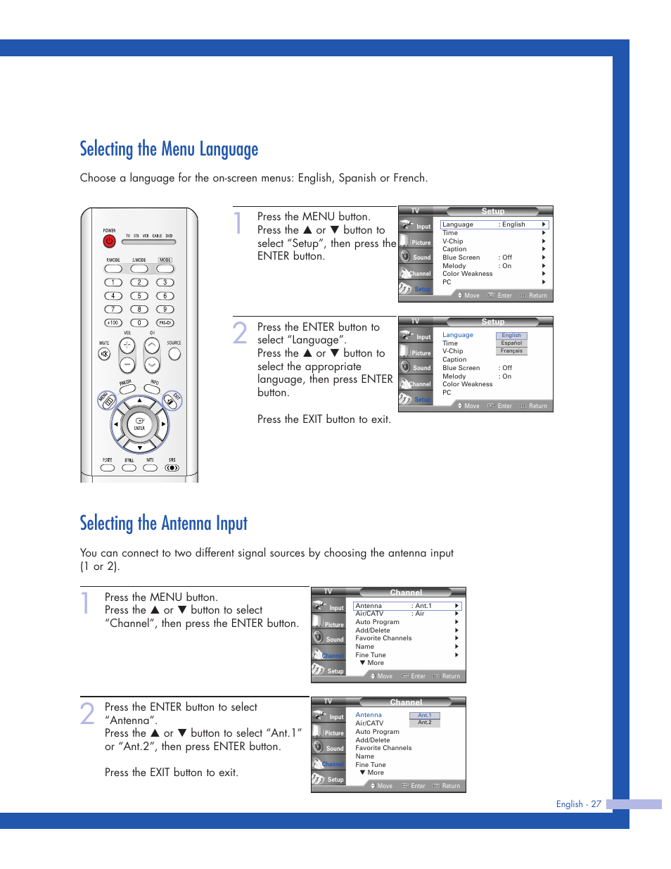 Selecting the menu language, Selecting the antenna input | Samsung HLP5063WX-XAC User Manual | Page 27 / 96