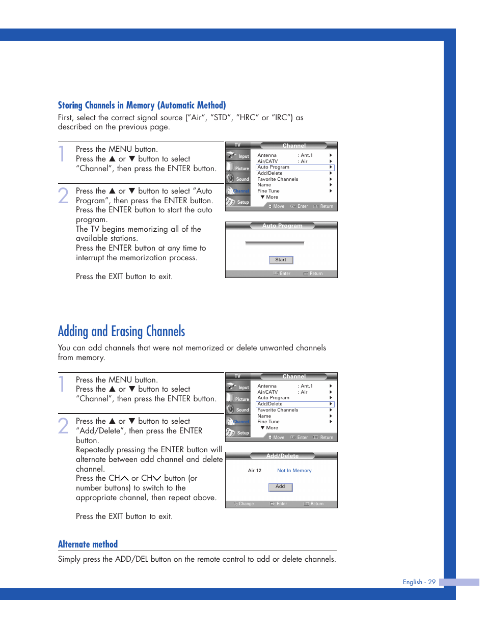 Adding and erasing channels, Alternate method | Samsung HLP5063WX-XAC User Manual | Page 29 / 96