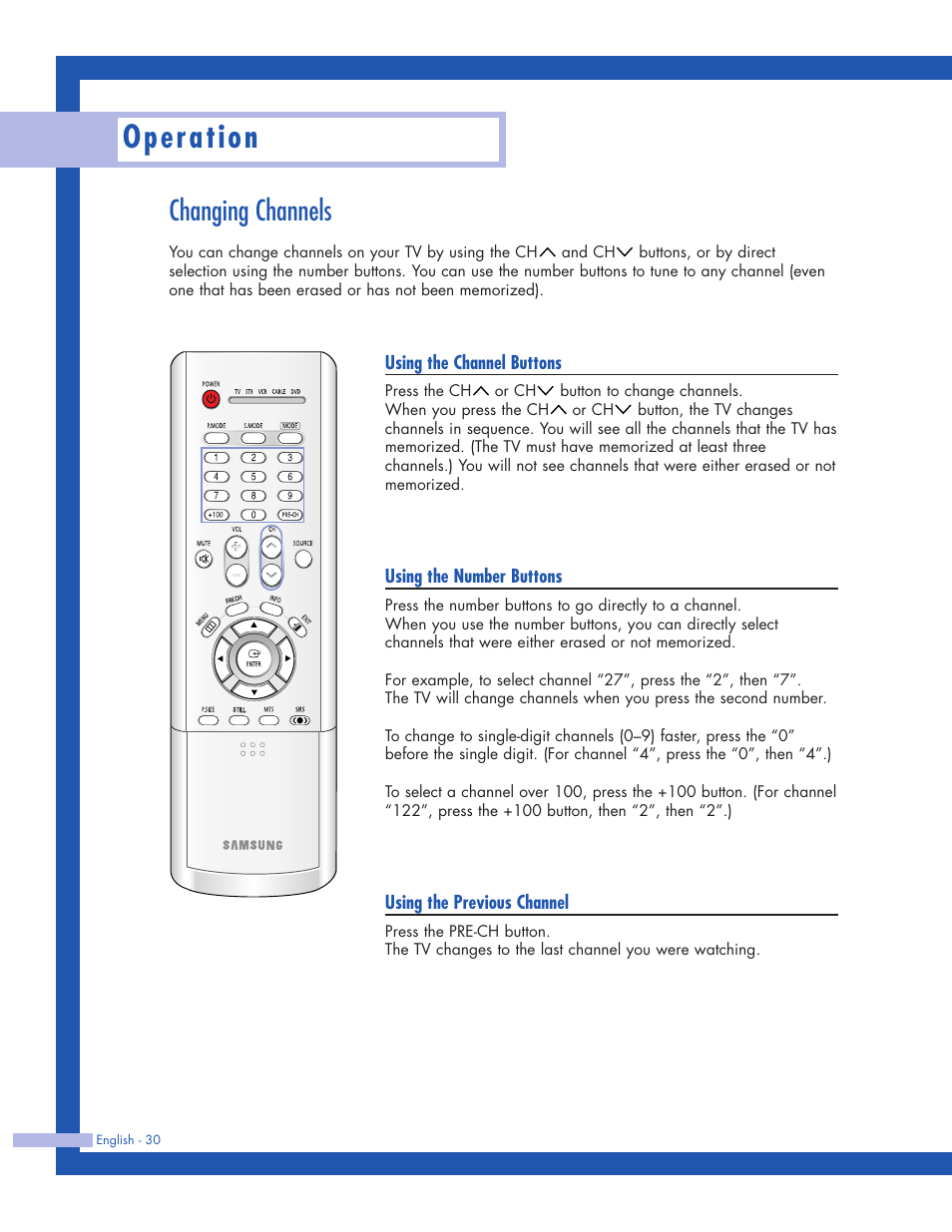 Changing channels, Operation | Samsung HLP5063WX-XAC User Manual | Page 30 / 96