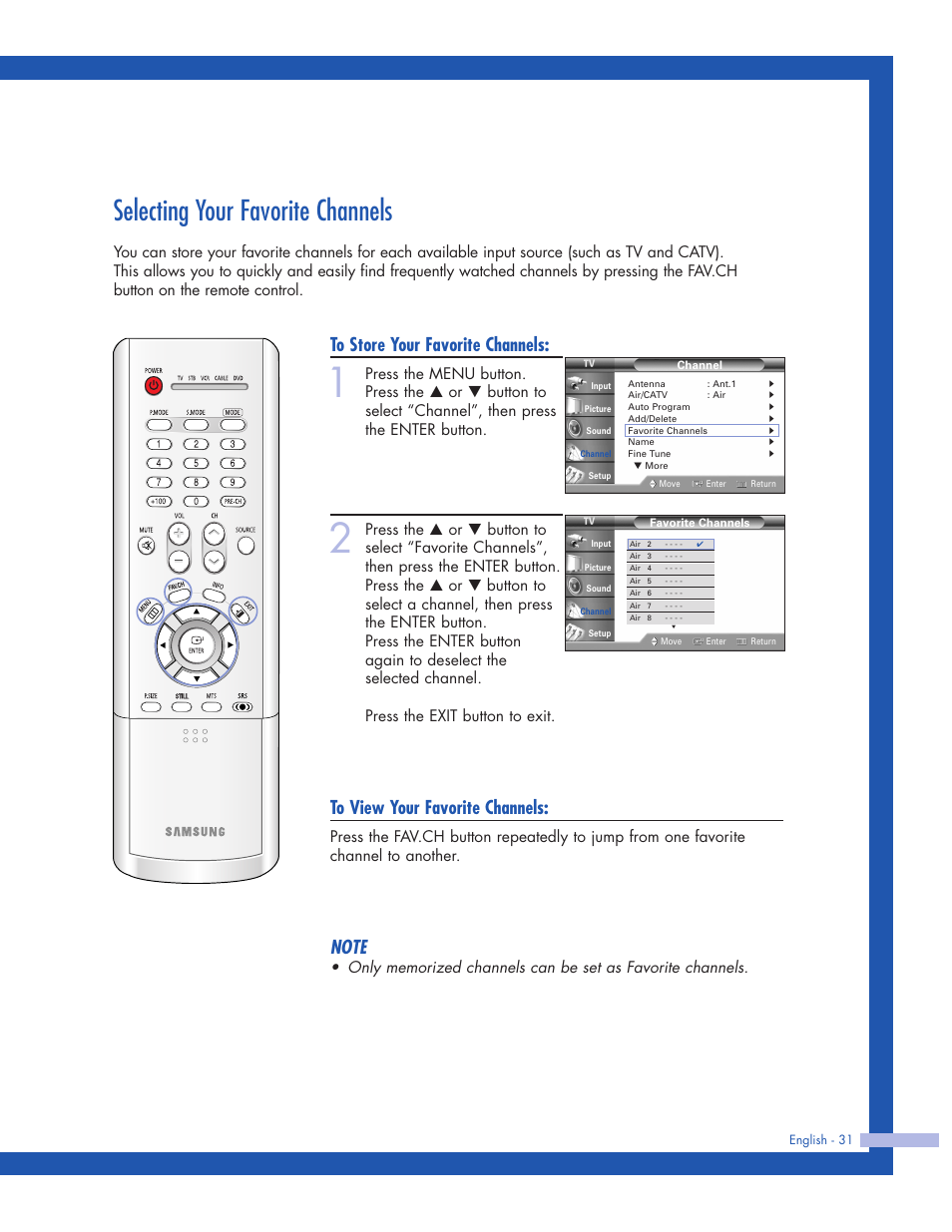 Selecting your favorite channels | Samsung HLP5063WX-XAC User Manual | Page 31 / 96