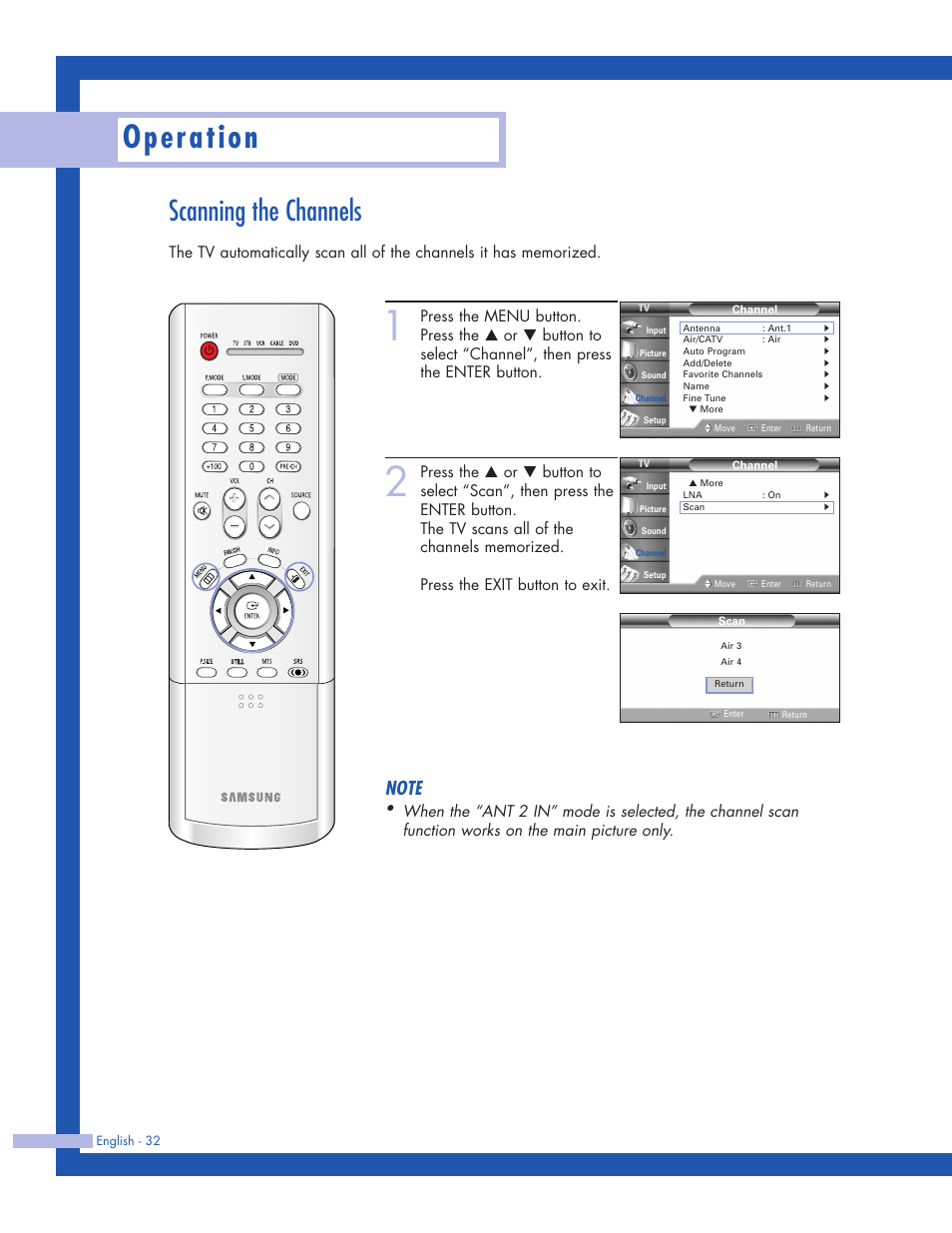 Scanning the channels, Operation | Samsung HLP5063WX-XAC User Manual | Page 32 / 96