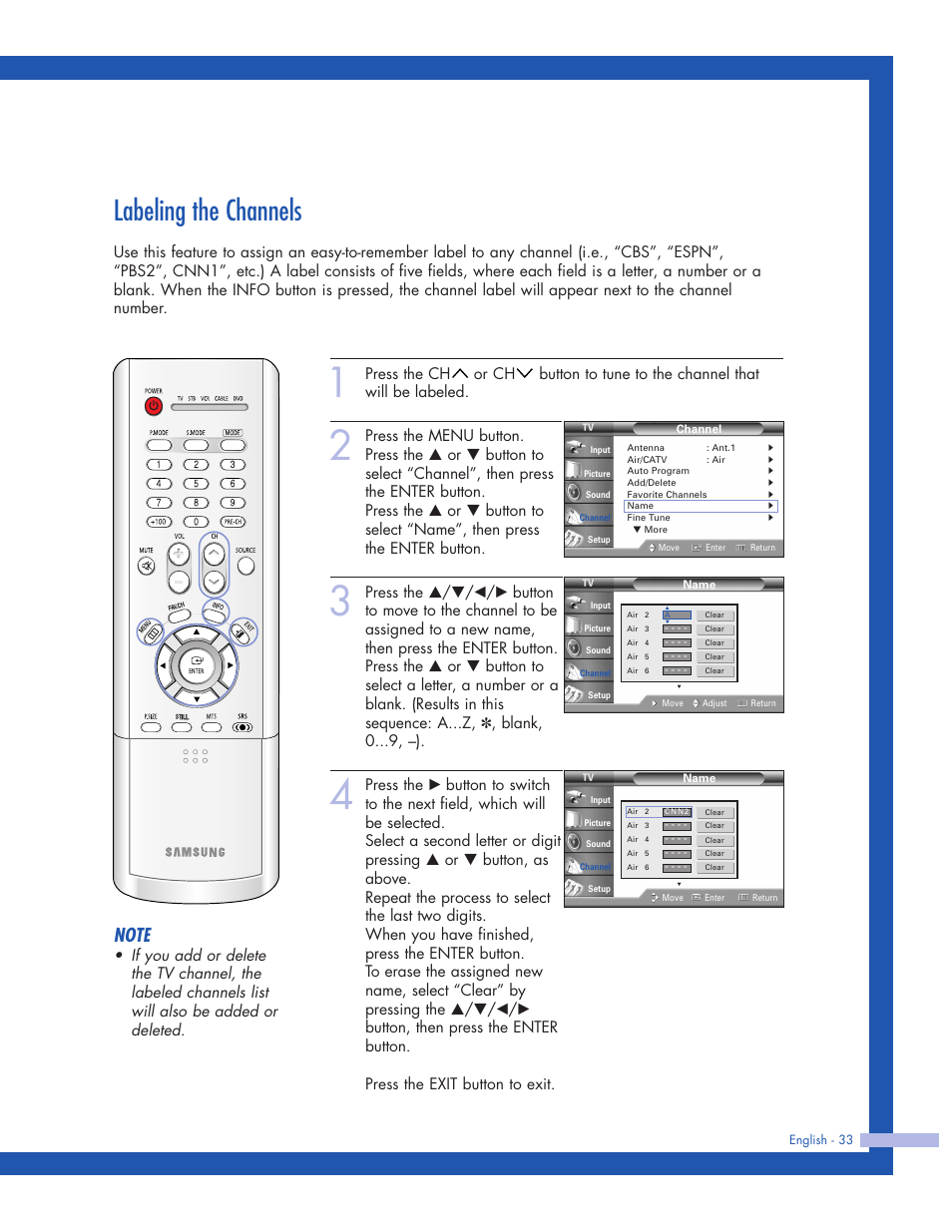 Labeling the channels | Samsung HLP5063WX-XAC User Manual | Page 33 / 96