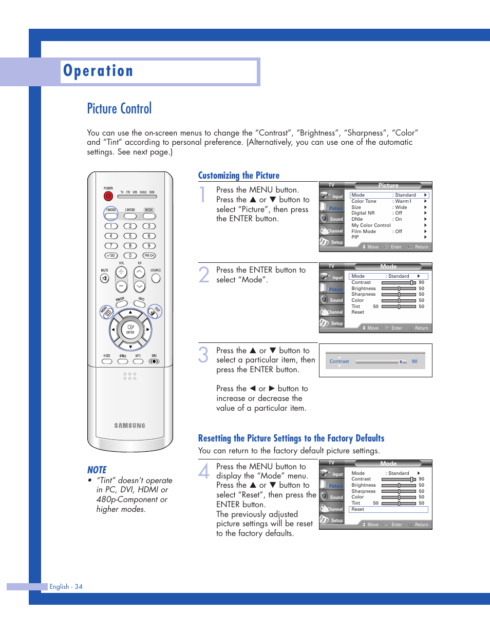 Picture control, Operation, Customizing the picture | Press the enter button to select “mode | Samsung HLP5063WX-XAC User Manual | Page 34 / 96