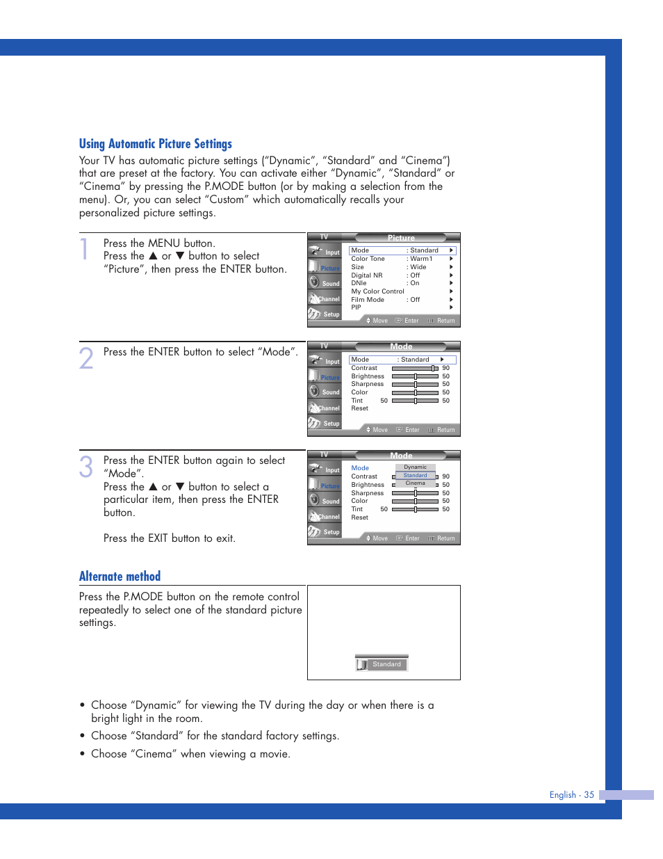 Using automatic picture settings, Alternate method, Press the enter button to select “mode | Samsung HLP5063WX-XAC User Manual | Page 35 / 96