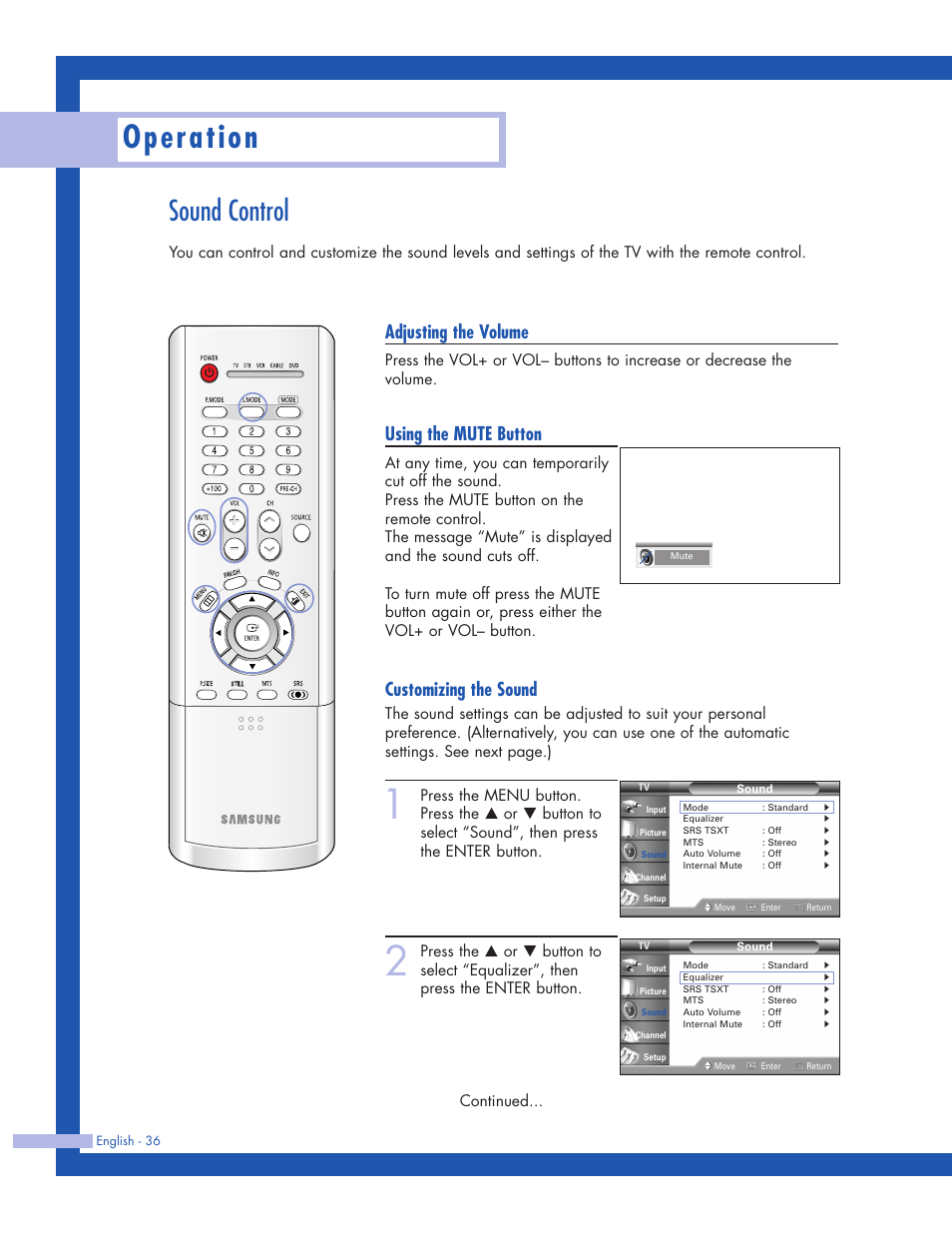 Sound control, Operation, Adjusting the volume | Using the mute button, Customizing the sound | Samsung HLP5063WX-XAC User Manual | Page 36 / 96