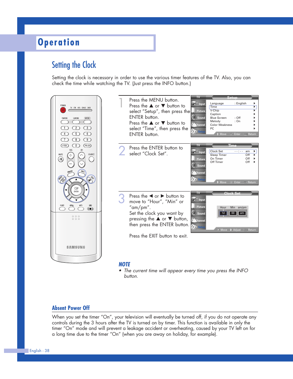 Setting the clock, Operation, Absent power off | Press the enter button to select “clock set | Samsung HLP5063WX-XAC User Manual | Page 38 / 96
