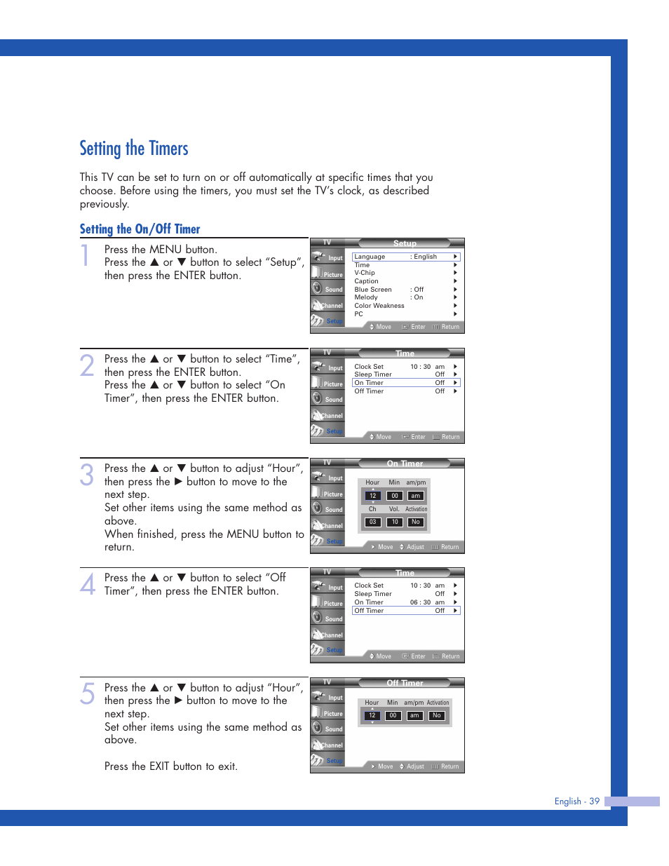 Setting the timers, Setting the on/off timer | Samsung HLP5063WX-XAC User Manual | Page 39 / 96
