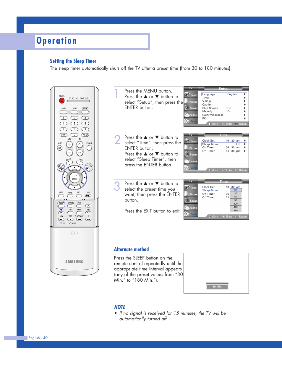 Operation, Setting the sleep timer, Alternate method | Samsung HLP5063WX-XAC User Manual | Page 40 / 96