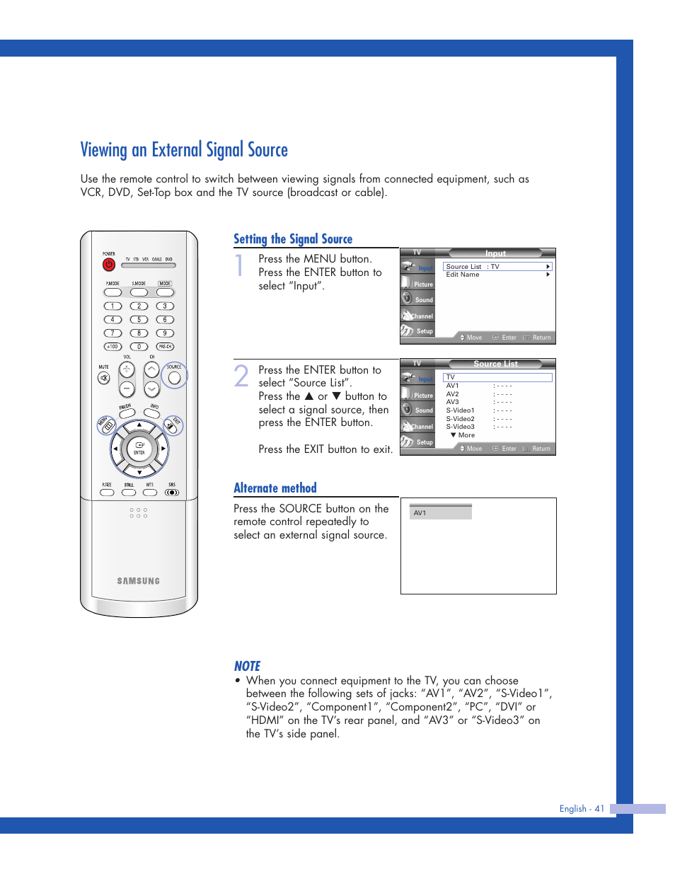 Viewing an external signal source, Setting the signal source, Alternate method | Samsung HLP5063WX-XAC User Manual | Page 41 / 96
