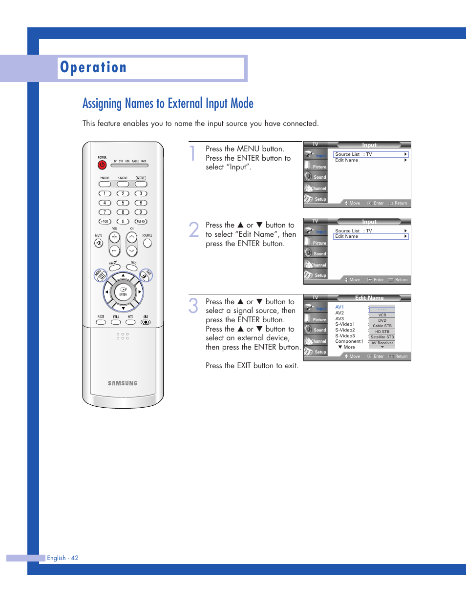 Assigning names to external input mode, Operation | Samsung HLP5063WX-XAC User Manual | Page 42 / 96
