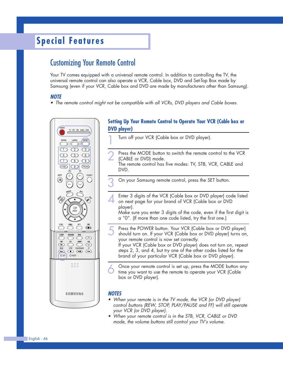 Customizing your remote control, Special features | Samsung HLP5063WX-XAC User Manual | Page 46 / 96