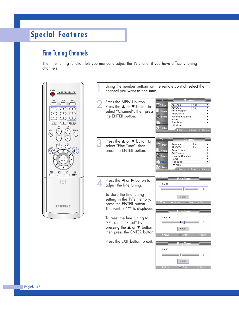 Fine tuning channels, Special features | Samsung HLP5063WX-XAC User Manual | Page 48 / 96