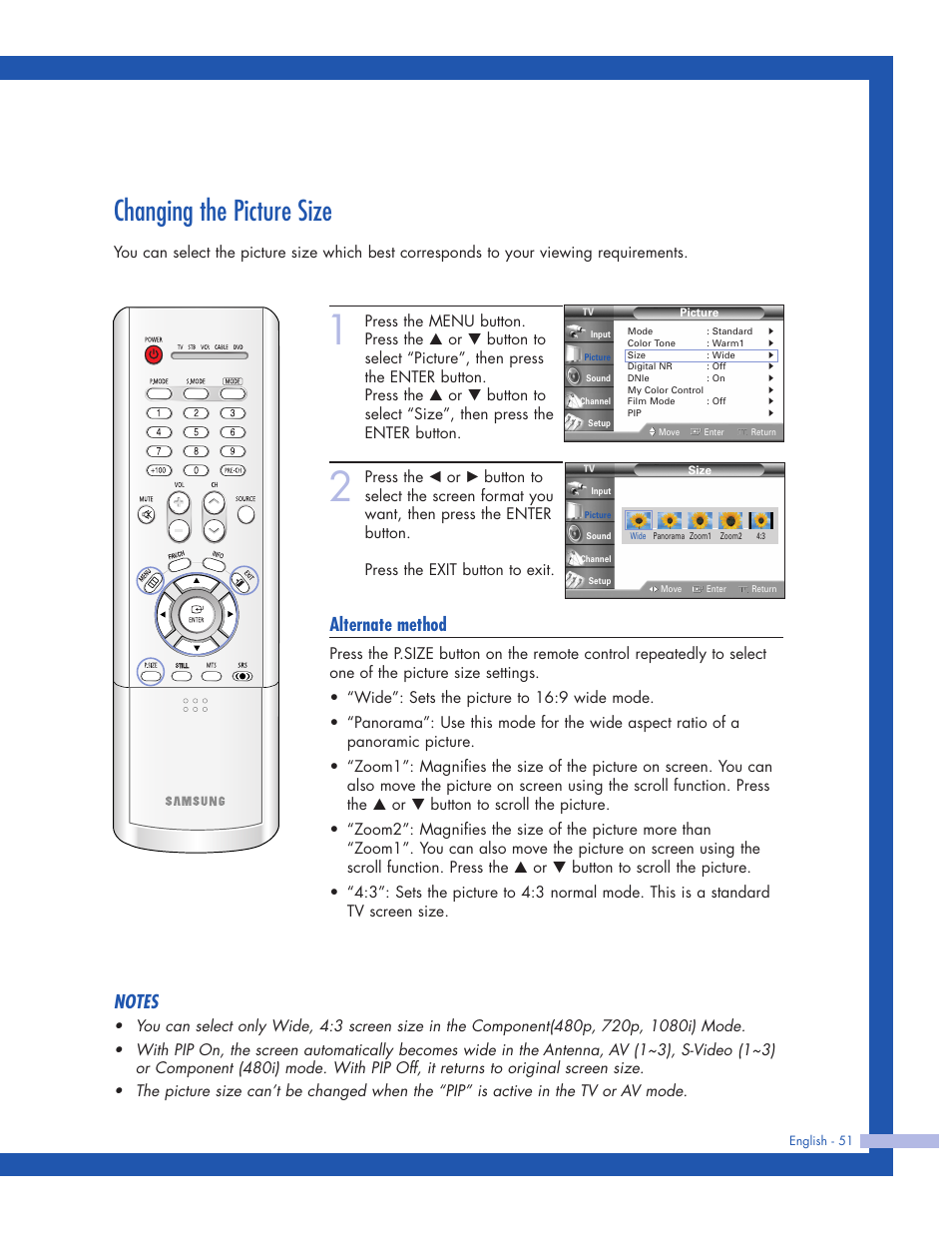 Changing the picture size, Alternate method | Samsung HLP5063WX-XAC User Manual | Page 51 / 96