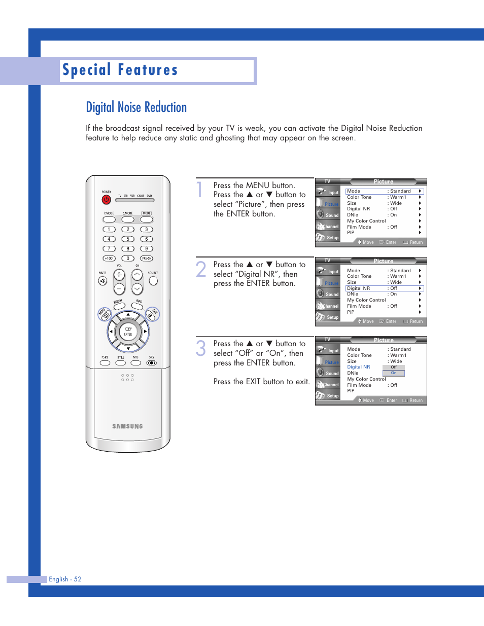 Digital noise reduction, Special features | Samsung HLP5063WX-XAC User Manual | Page 52 / 96