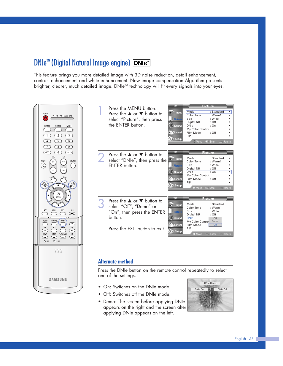 Dnietm (digital natural image engine), Dnie, Digital natural image engine) | Alternate method, Technology will fit every signals into your eyes | Samsung HLP5063WX-XAC User Manual | Page 53 / 96