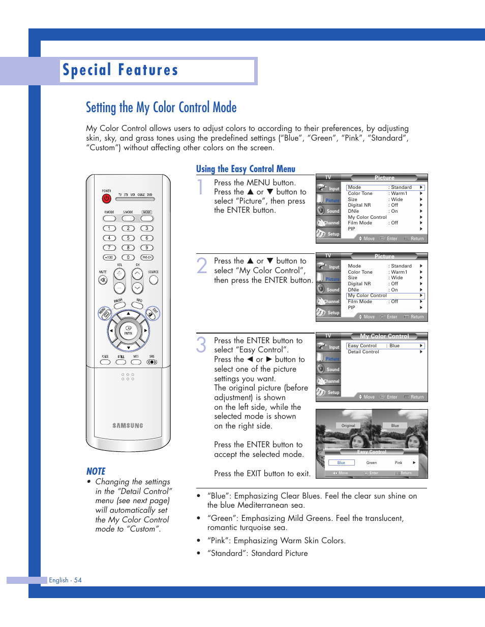 Setting the my color control mode, Special features, Using the easy control menu | Samsung HLP5063WX-XAC User Manual | Page 54 / 96