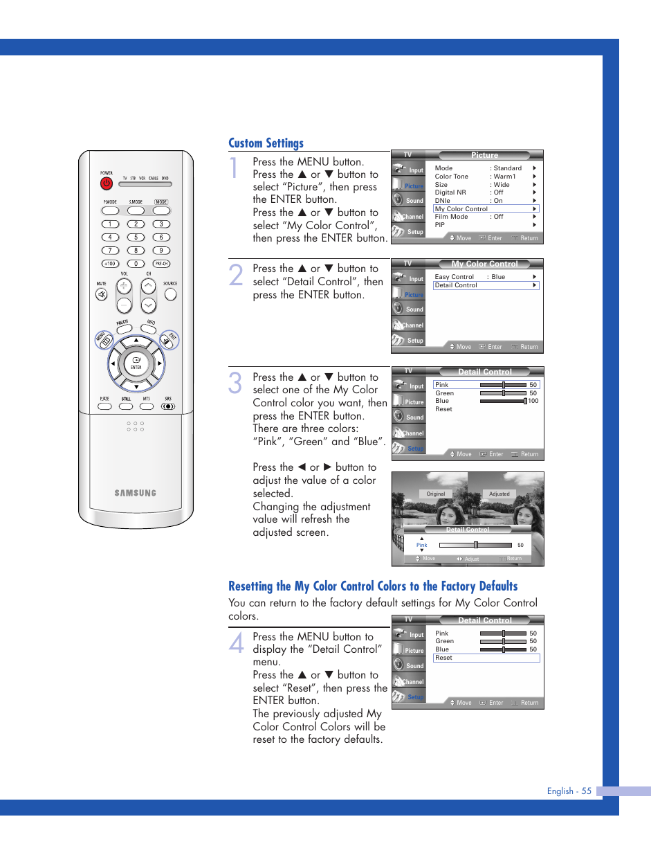 Custom settings | Samsung HLP5063WX-XAC User Manual | Page 55 / 96