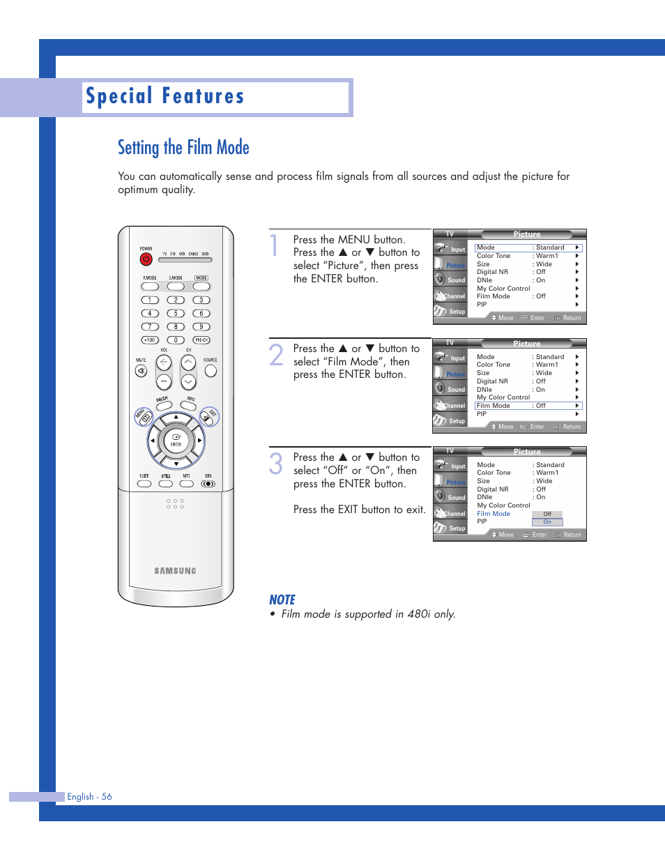 Setting the film mode, Special features, Film mode is supported in 480i only | Samsung HLP5063WX-XAC User Manual | Page 56 / 96