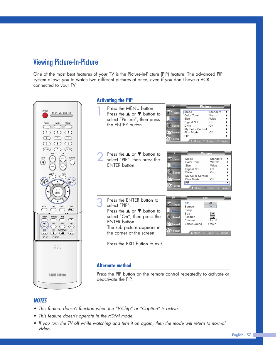 Viewing picture-in-picture, Activating the pip, Alternate method | Samsung HLP5063WX-XAC User Manual | Page 57 / 96