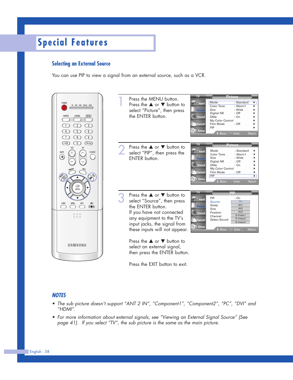 Selecting an external source, Special features | Samsung HLP5063WX-XAC User Manual | Page 58 / 96