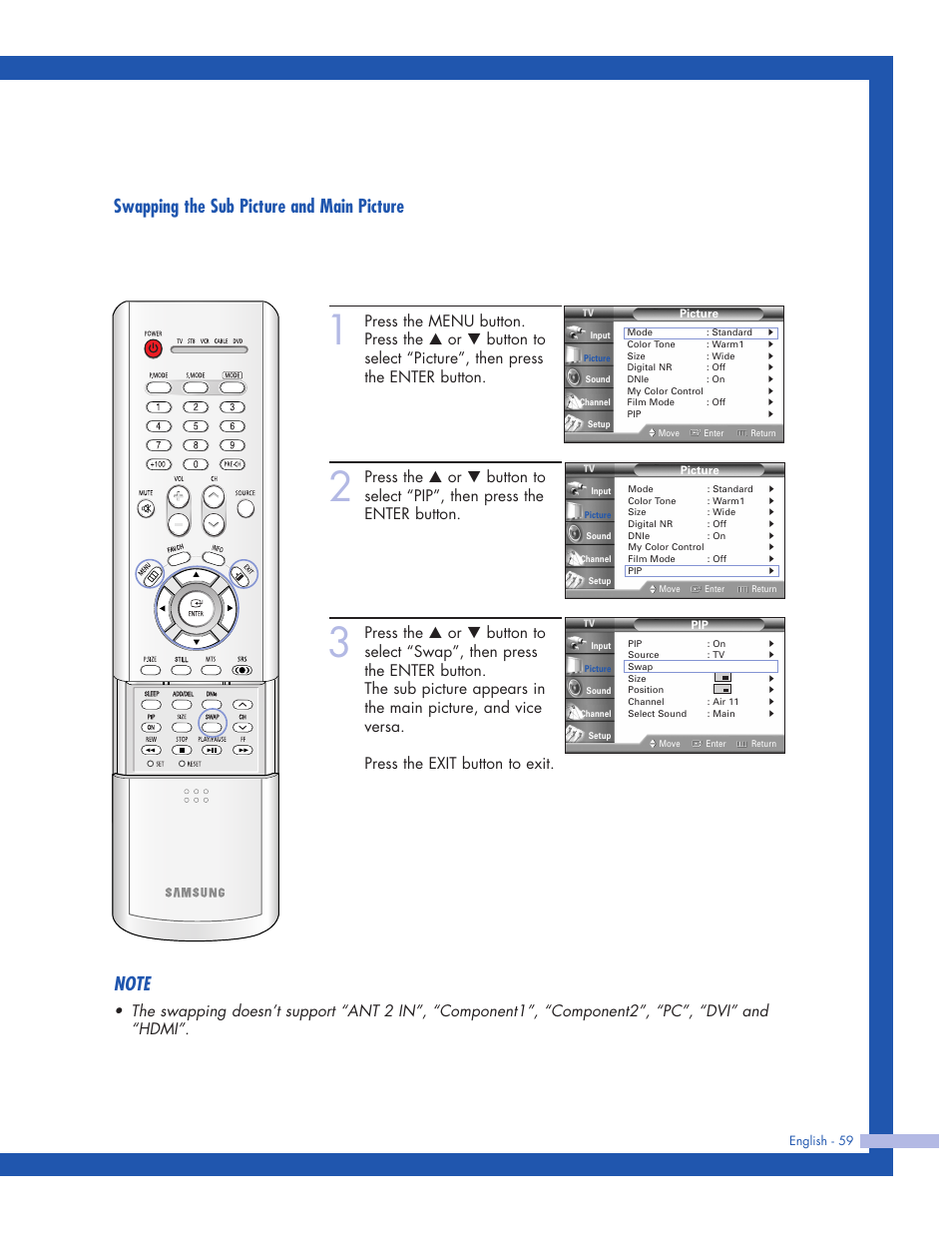 Swapping the sub picture and main picture | Samsung HLP5063WX-XAC User Manual | Page 59 / 96