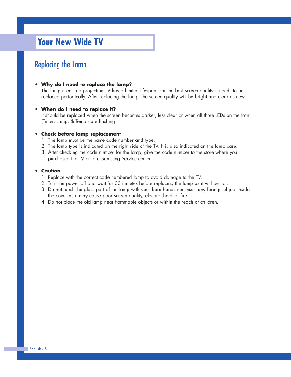 Replacing the lamp, Your new wide tv | Samsung HLP5063WX-XAC User Manual | Page 6 / 96
