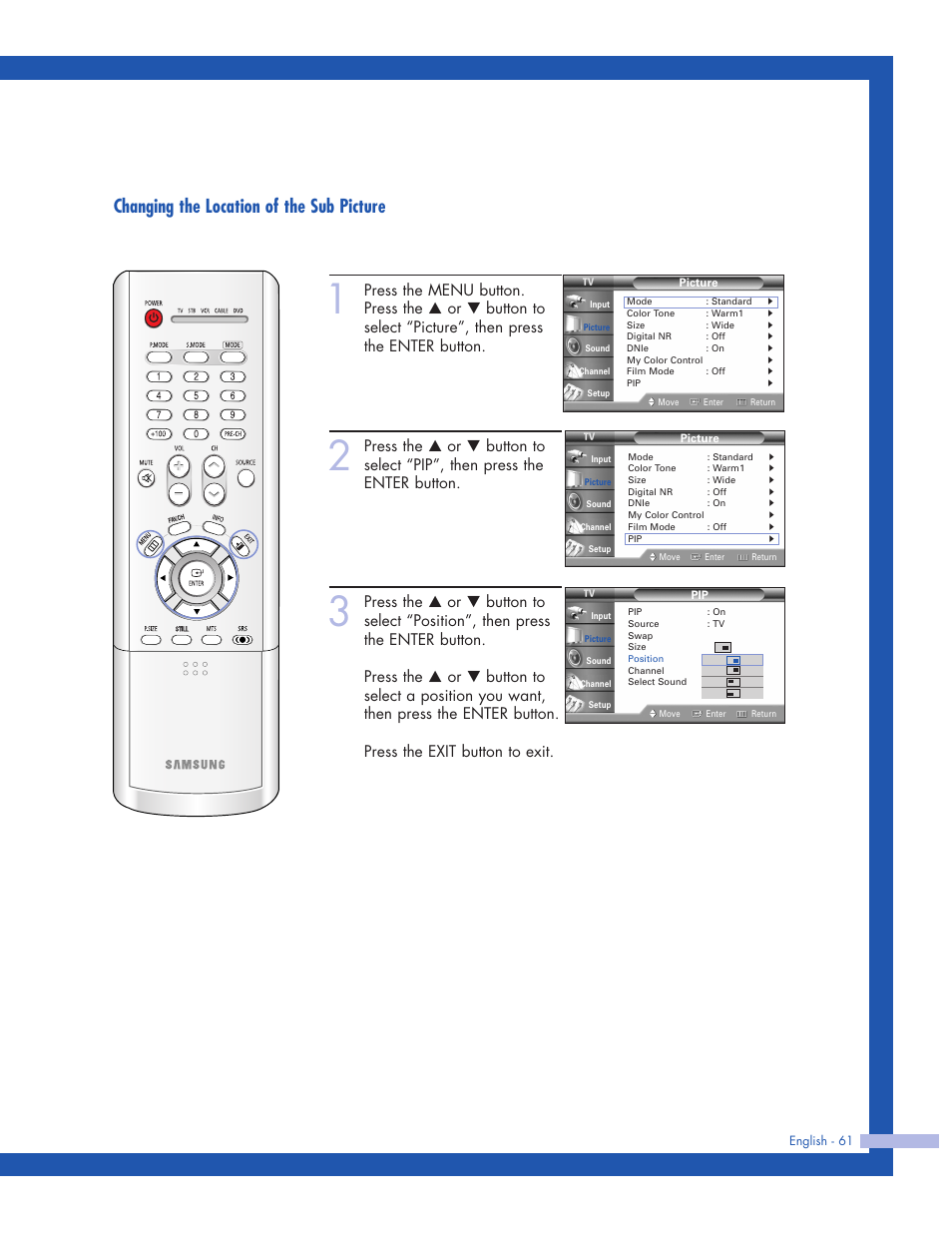 Changing the location of the sub picture | Samsung HLP5063WX-XAC User Manual | Page 61 / 96