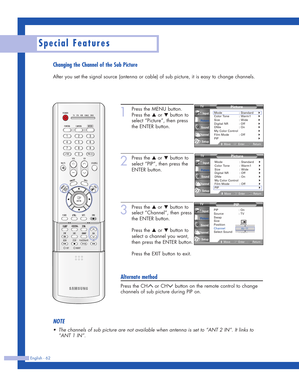 Changing the channel of the sub picture, Special features, Alternate method | Samsung HLP5063WX-XAC User Manual | Page 62 / 96