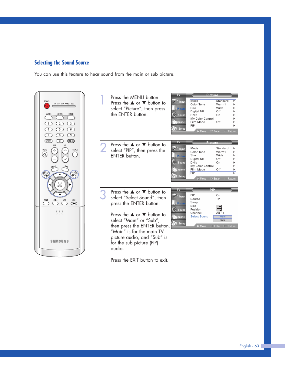 Selecting the sound source | Samsung HLP5063WX-XAC User Manual | Page 63 / 96