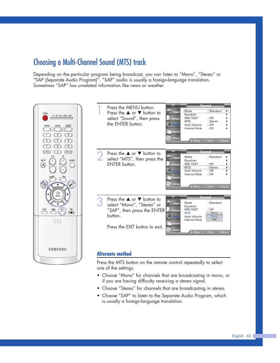 Choosing a multi-channel sound (mts) track, Alternate method | Samsung HLP5063WX-XAC User Manual | Page 65 / 96