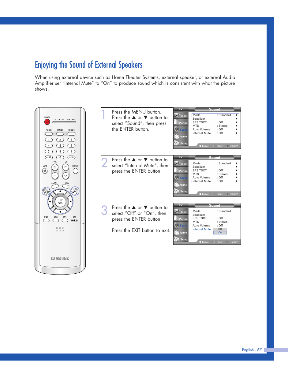 Enjoying the sound of external speakers | Samsung HLP5063WX-XAC User Manual | Page 67 / 96