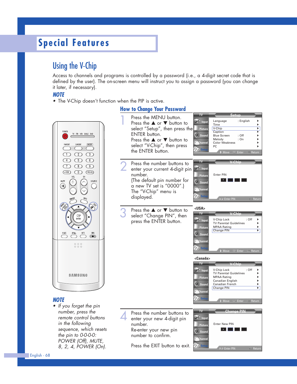 Using the v-chip, Special features, How to change your password | The v-chip doesn’t function when the pip is active | Samsung HLP5063WX-XAC User Manual | Page 68 / 96