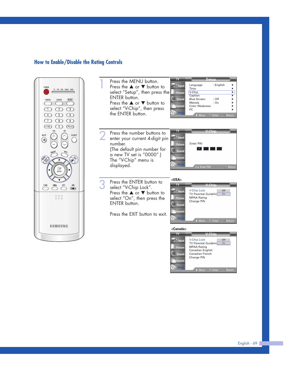 How to enable/disable the rating controls | Samsung HLP5063WX-XAC User Manual | Page 69 / 96