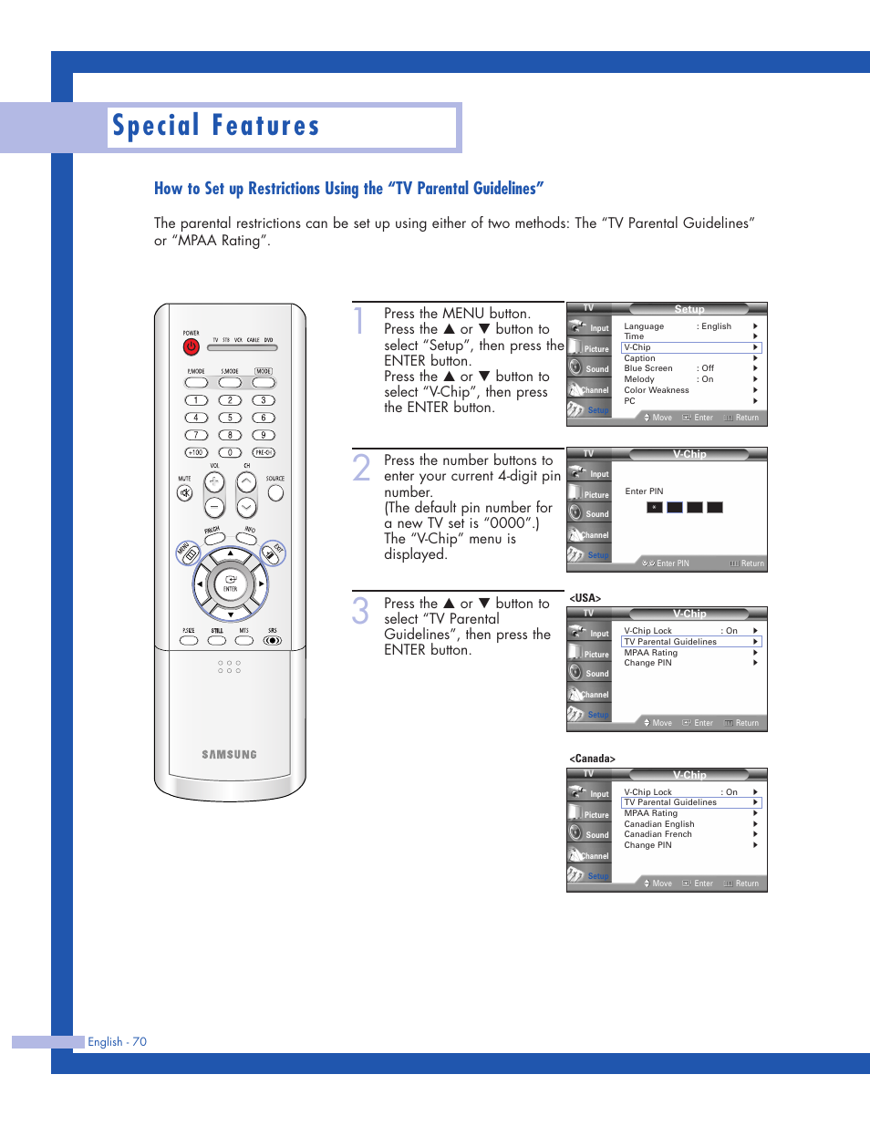 Special features | Samsung HLP5063WX-XAC User Manual | Page 70 / 96