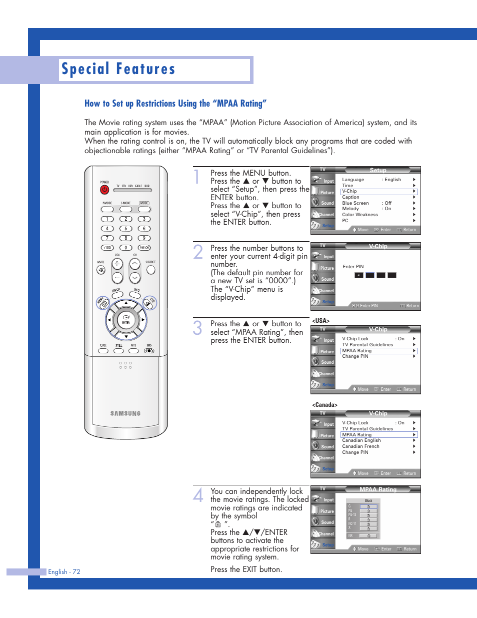 Special features, How to set up restrictions using the “mpaa rating | Samsung HLP5063WX-XAC User Manual | Page 72 / 96