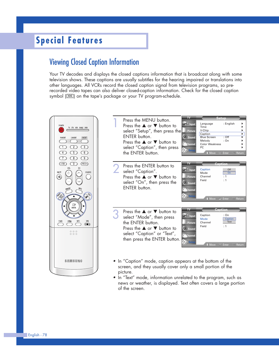 Viewing closed caption information, Special features | Samsung HLP5063WX-XAC User Manual | Page 78 / 96