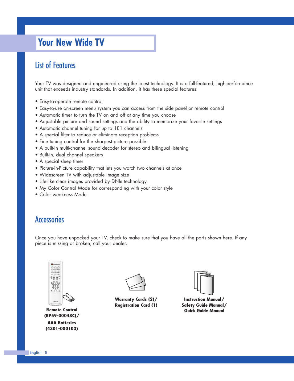 List of features, Accessories, Your new wide tv | Samsung HLP5063WX-XAC User Manual | Page 8 / 96