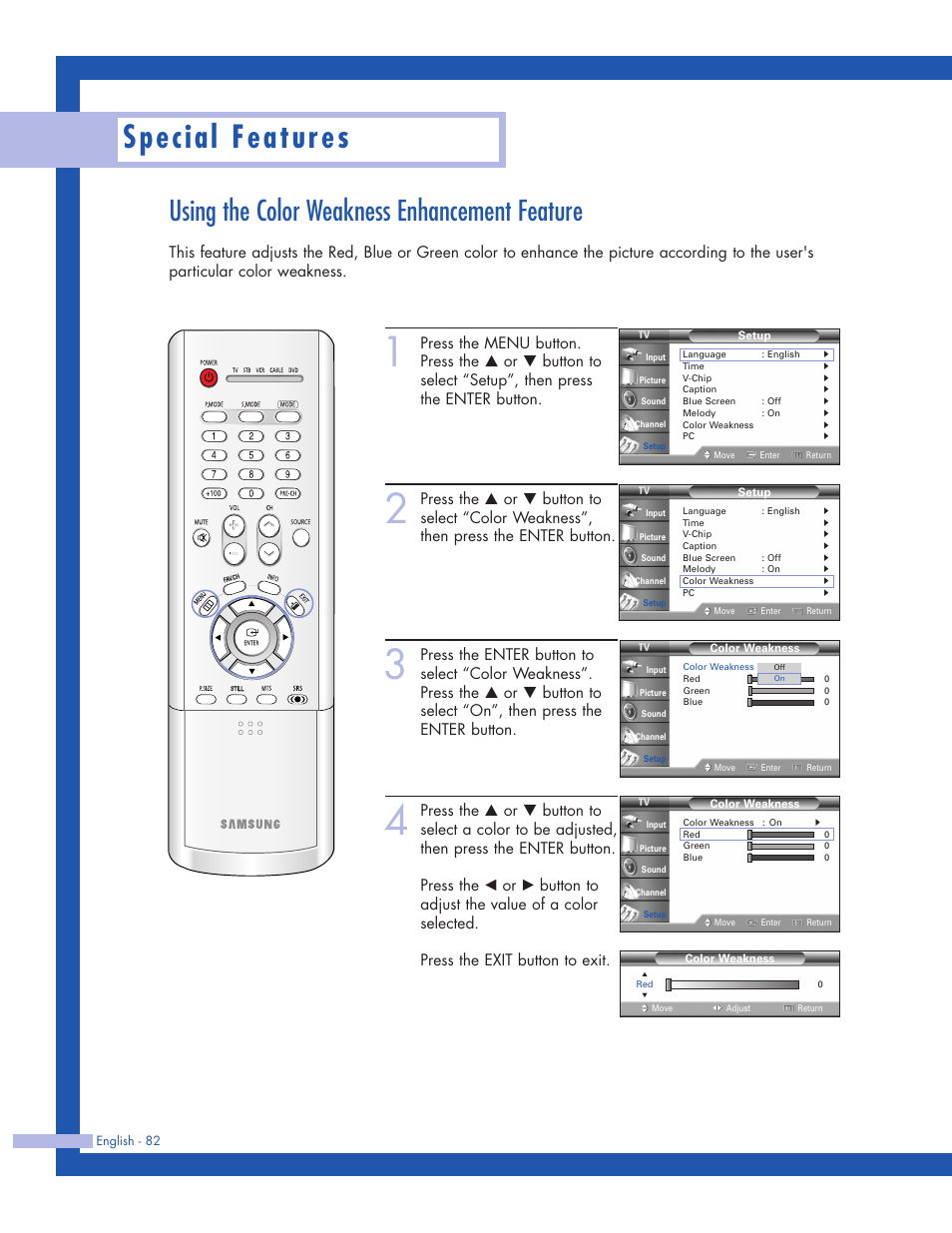 Using the color weakness enhancement feature, Special features | Samsung HLP5063WX-XAC User Manual | Page 82 / 96
