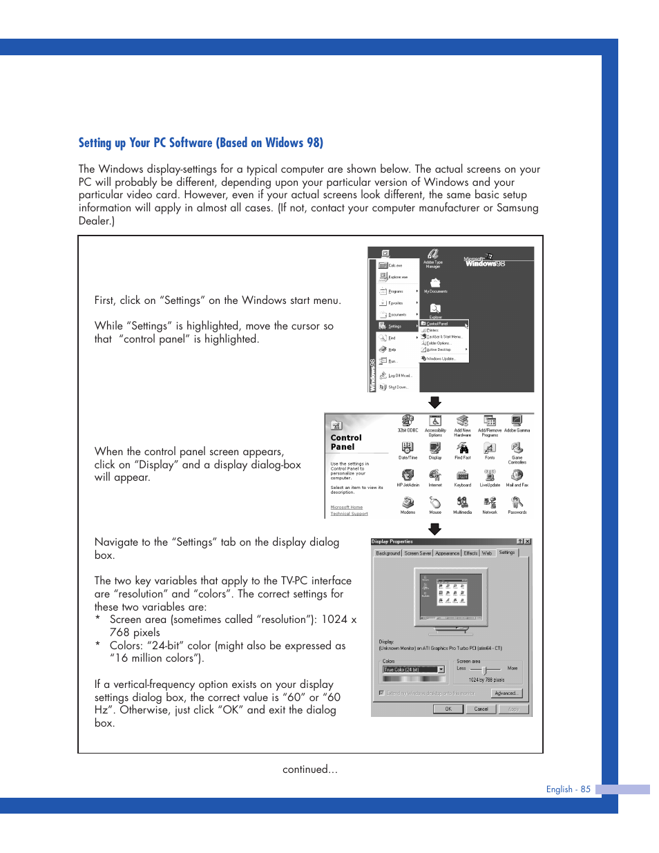 Setting up your pc software (based on widows 98) | Samsung HLP5063WX-XAC User Manual | Page 85 / 96