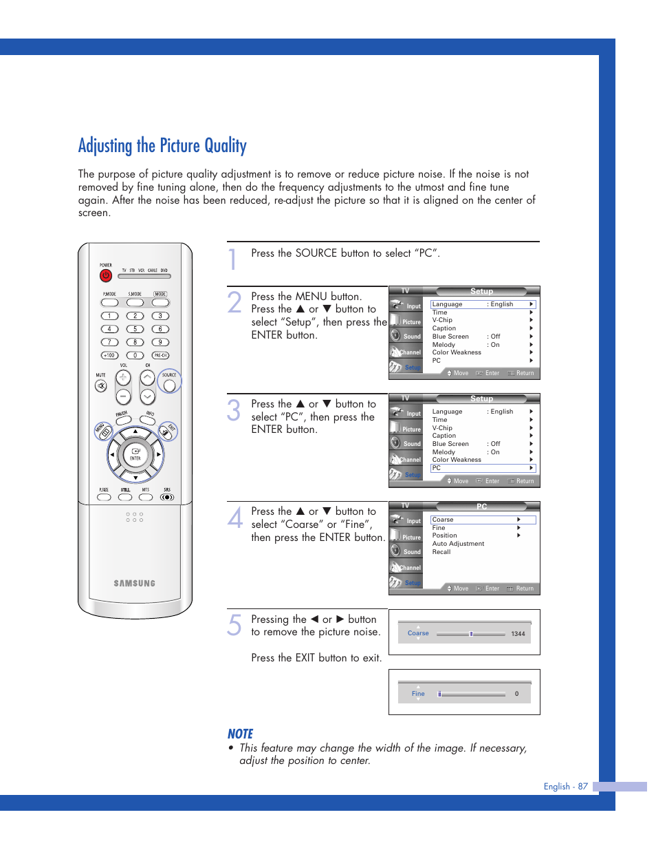 Adjusting the picture quality, Press the source button to select “pc | Samsung HLP5063WX-XAC User Manual | Page 87 / 96