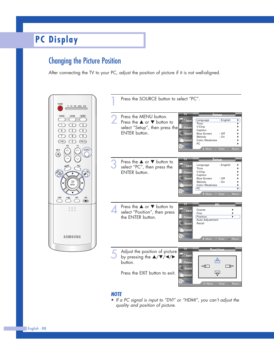 Changing the picture position, Pc display, Press the source button to select “pc | Samsung HLP5063WX-XAC User Manual | Page 88 / 96