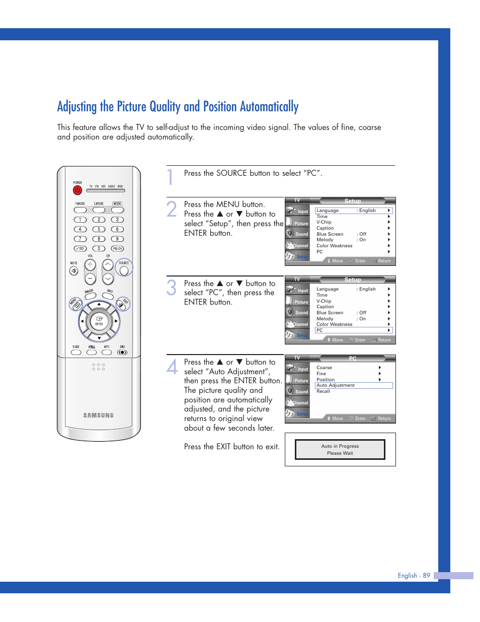 Press the source button to select “pc | Samsung HLP5063WX-XAC User Manual | Page 89 / 96