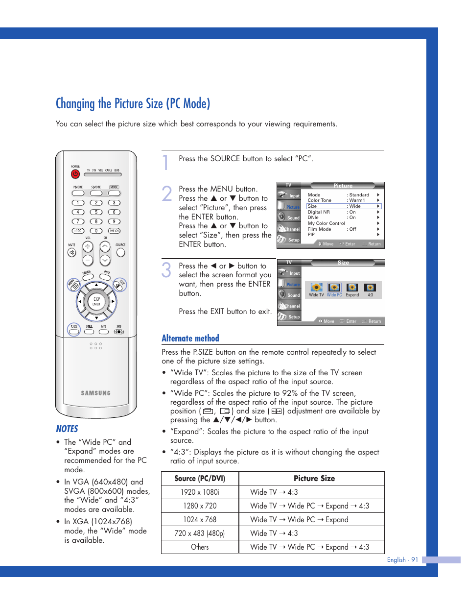 Changing the picture size (pc mode), Alternate method | Samsung HLP5063WX-XAC User Manual | Page 91 / 96