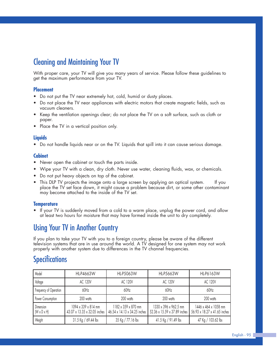 Cleaning and maintaining your tv, Using your tv in another country, Specifications | Samsung HLP5063WX-XAC User Manual | Page 95 / 96