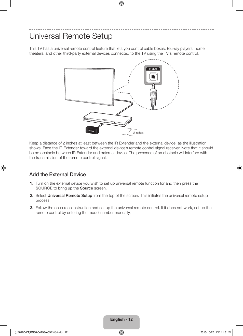 Universal remote setup, Add the external device | Samsung UN55F6400AFXZA User Manual | Page 12 / 34