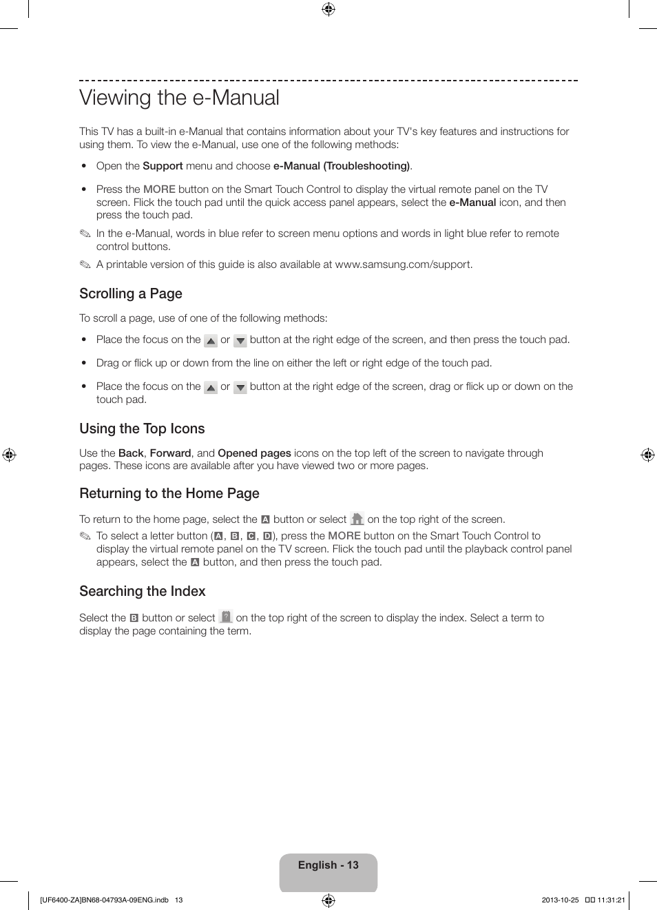 Viewing the e-manual, Scrolling a page, Using the top icons | Returning to the home page, Searching the index | Samsung UN55F6400AFXZA User Manual | Page 13 / 34