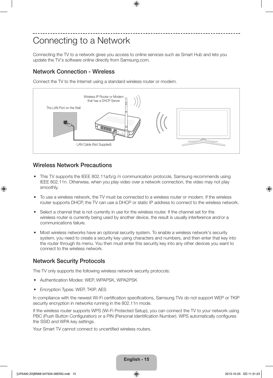 Connecting to a network, Network connection - wireless, Wireless network precautions | Network security protocols | Samsung UN55F6400AFXZA User Manual | Page 15 / 34
