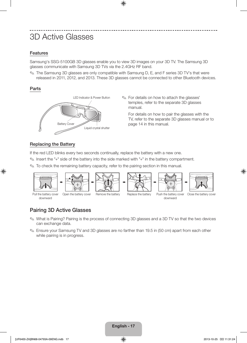 3d active glasses, Pairing 3d active glasses | Samsung UN55F6400AFXZA User Manual | Page 17 / 34