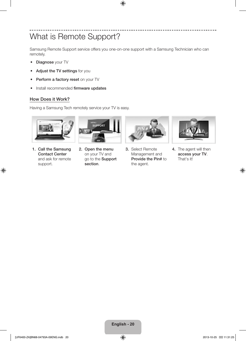 What is remote support | Samsung UN55F6400AFXZA User Manual | Page 20 / 34