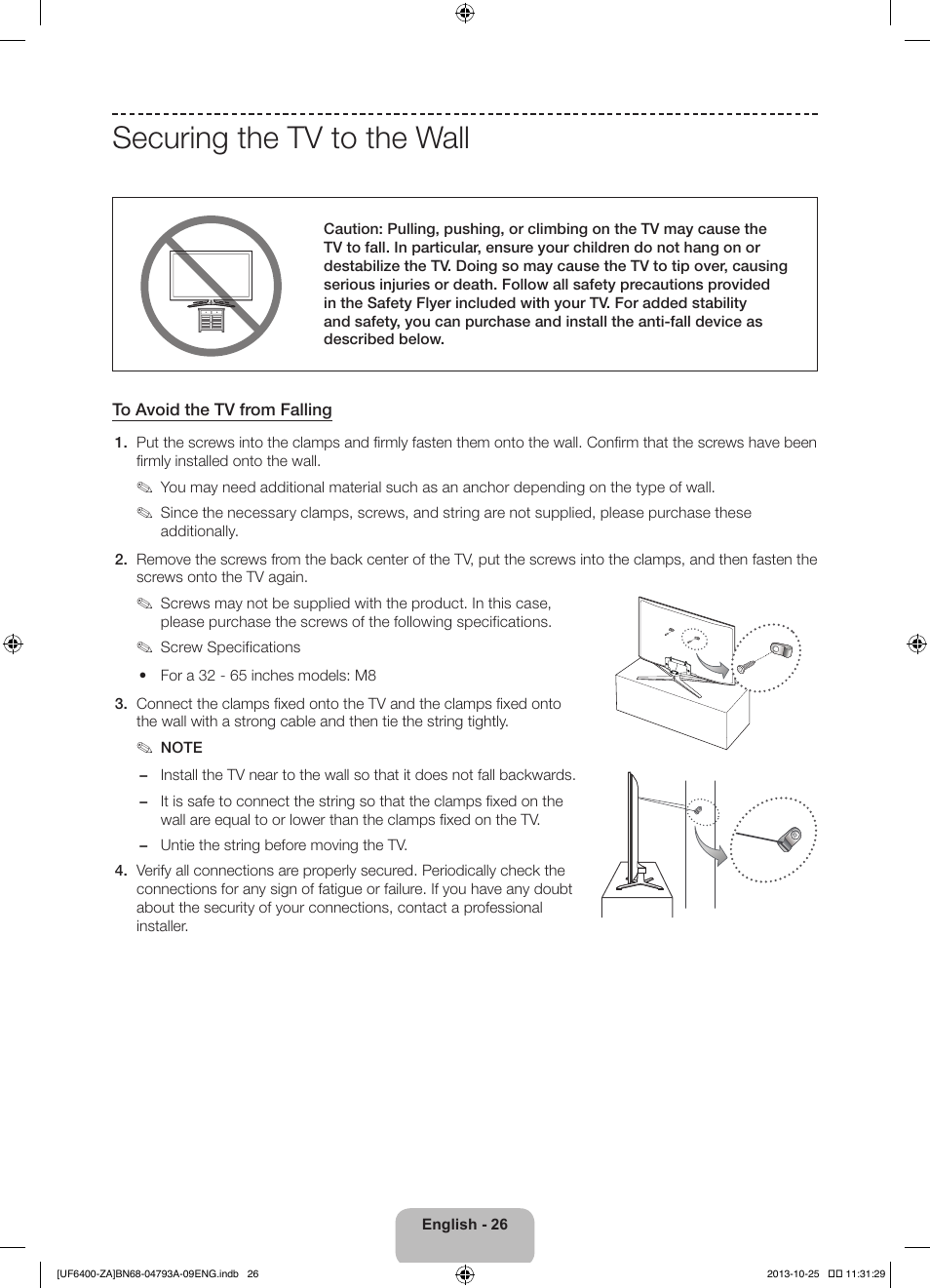 Securing the tv to the wall | Samsung UN55F6400AFXZA User Manual | Page 26 / 34